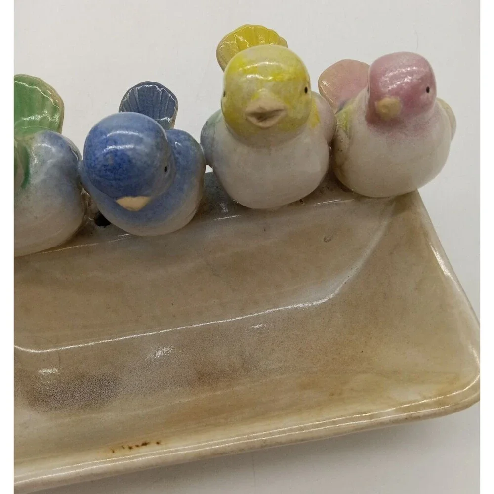 Vintage Ceramic Pottery Birds Sitting On A Feeder/Planter  Cottage Core 8